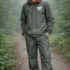 Ozark Trail Men's Dark Olive Green Waterproof Rain Set with Red Trim